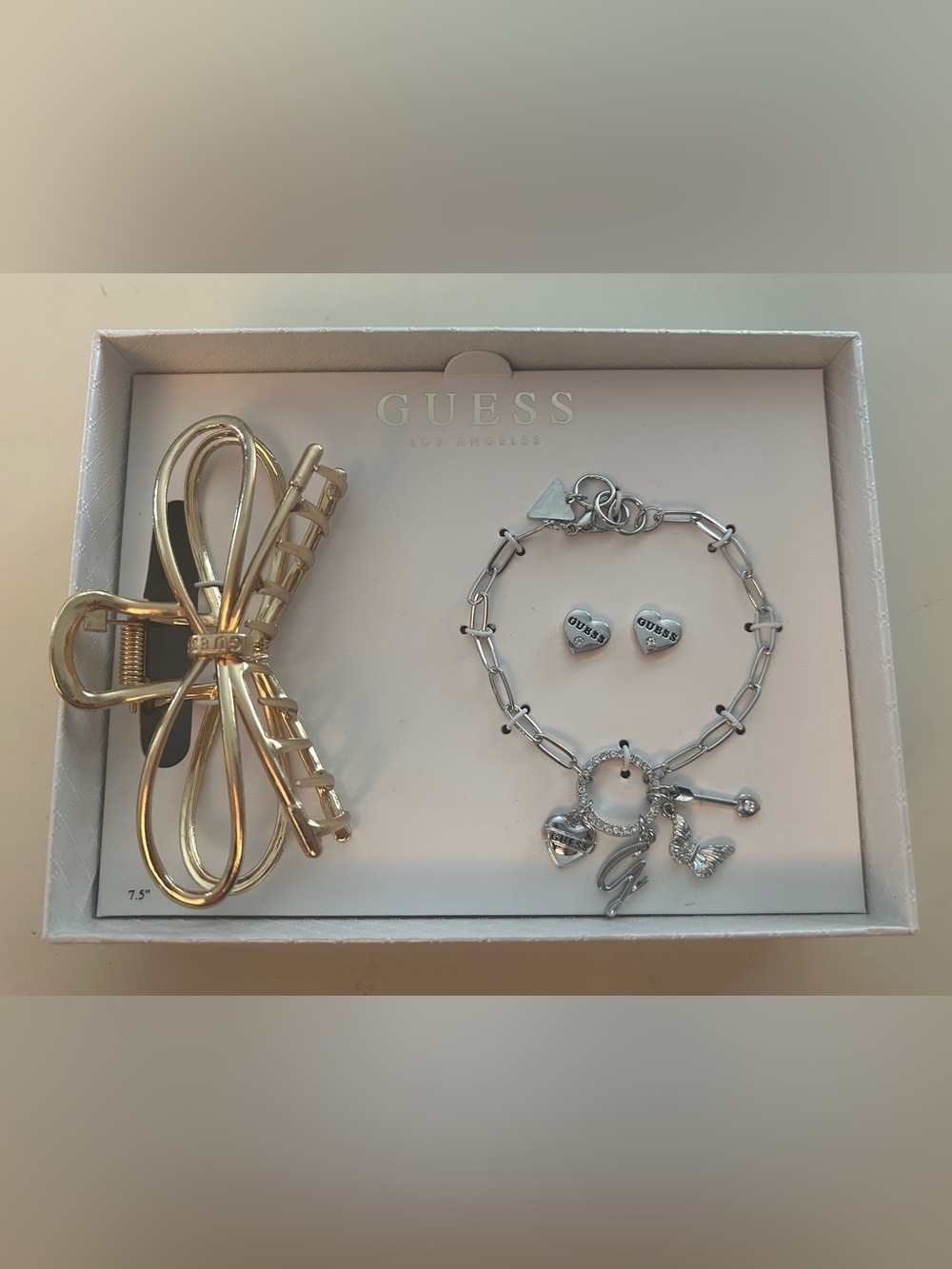 Guess LA Jewelry Set: Hair Clip, Heart Charm Bracelet & Earring W/Rhinestones